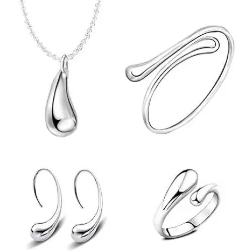 MA&SN 4 Pieces Jewelry Set S925 Sterling Silver Water Drop Shape Earrings Bangle Necklace Ring Women Girl Gift MA&SN 4 Pieces Jewelry Set S925 Sterling Silver Water Drop Shape Earrings Bangle Necklace Ring Women Girl Gift