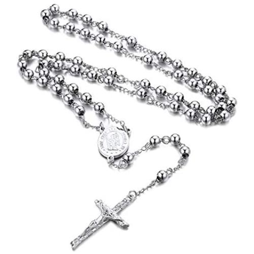 FaithHeart Catholic Rosary Beads Necklace, Holy Saint Michael/Christopher/Virgin Mary/Saint Benedict Medal with Cross Crucifix Pendant, 6MM Beads 26-28 Inches Chain (Send Gift Box)