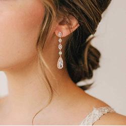 SWEETV Long Pear-Shaped Wedding Birdal Earrings for Brides, Bridesmaids, Crystal Chandelier Dangle Drop Earrings for Women Prom