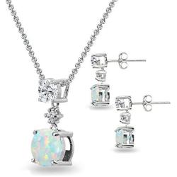 Sterling Silver Genuine, Created or Simulated Gemstone & White Topaz Round Three Stone Dangling Necklace & Stud Earrings Set