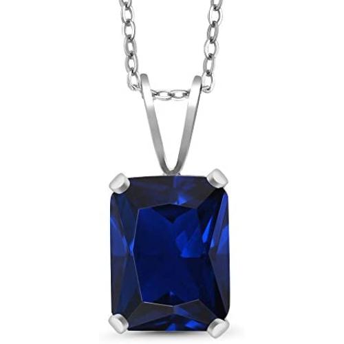 Gem Stone King 925 Sterling Silver Blue Created Sapphire Pendant Necklace For Women (2.70 Ct, Emerald cut 9X7MM with 18 Inch Silver Chain)