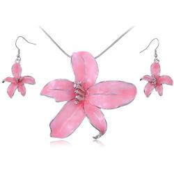 Alilang Silvery Tone Blue Pink Hawaiian Tropical Floral Pendant Necklace Dangle Earrings Set