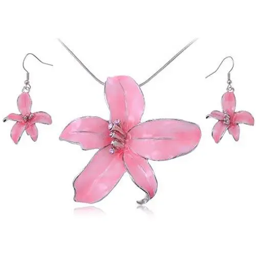 Alilang Silvery Tone Blue Pink Hawaiian Tropical Floral Pendant Necklace Dangle Earrings Set Alilang Silvery Tone Blue Pink Hawaiian Tropical Floral Pendant Necklace Dangle Earrings Set