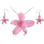 Alilang Silvery Tone Blue Pink Hawaiian Tropical Floral Pendant Necklace Dangle Earrings Set