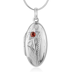 925 Sterling Silver Red Garnet Stone Flower Engraved Oval Shaped Locket Necklace 18 inches