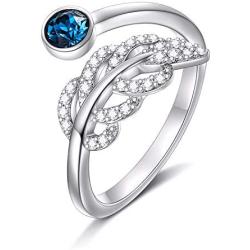 AOBOCO Sterling Silver Unique Adjustable Leaf Feather Rings Handmade Wrap Open Band with Blue Austria Crystal Anniversary Jewelry Gift for Women Girls