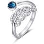 AOBOCO Sterling Silver Unique Adjustable Leaf Feather Rings Handmade Wrap Open Band with Blue Austria Crystal Anniversary Jewelry Gift for Women Girls