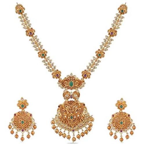 Tarinika Arina Gold-Plated Indian Jewelry Set with Necklace and Earrings - White Red Green