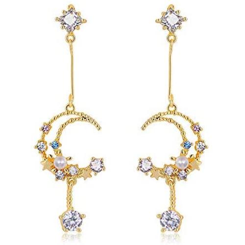 Cubic Zirconia Moon and Star Drop Earrings for Women Girls Fashion Celestial Starburst Crescent Boho Hippie Dangle Tassel Earring Copper Statement Jewelry Gifts (Gold)