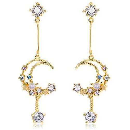 Cubic Zirconia Moon and Star Drop Earrings for Women Girls Fashion Celestial Starburst Crescent Boho Hippie Dangle Tassel Earring Copper Statement Jewelry Gifts (Gold) Cubic Zirconia Moon and Star Drop Earrings for Women Girls Fashion Celestial Starburst Crescent Boho Hippie Dangle Tassel Earring Copper Statement Jewelry Gifts (Gold)
