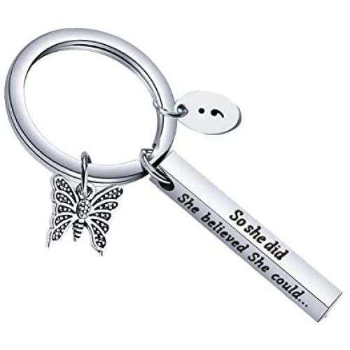 BEKECH She Believed She Could So She Did Semicolon Butterfly Keychain Mental Health Suicide Prevention Awareness Depression Awareness Inspirational Semi Colon Jewelry Gift