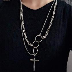 YERTTER Dainty Unique Punk Layering O Ring Chain Choker Necklace Sweater Chain Boho Jewelry Set Layered Cross Pendant Statement Chunky Chain Necklace for Women Man