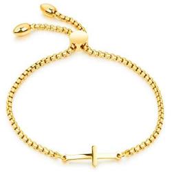 MiniJewelry Sideways Cross Bracelet for Girls Adjustable Stainless Steel Sideways Cross Bracelet for Women Birthday Gift