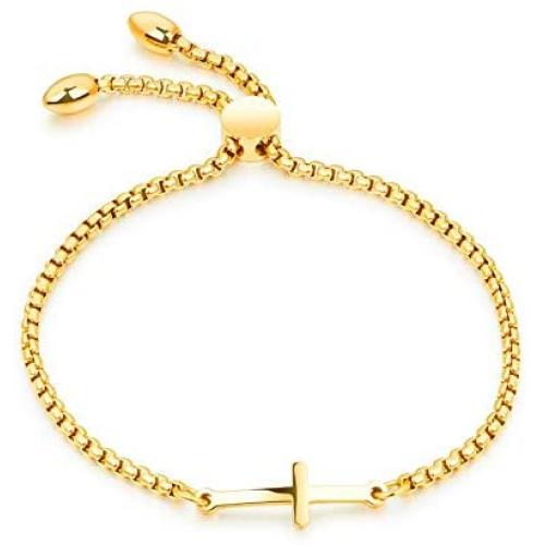 MiniJewelry Sideways Cross Bracelet for Girls Adjustable Stainless Steel Sideways Cross Bracelet for Women Birthday Gift