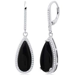 Pear Cut Gemstone and White Topaz Halo Dangle Leverback Earrings in Sterling Silver (18x8mm)