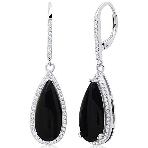 Pear Cut Gemstone and White Topaz Halo Dangle Leverback Earrings in Sterling Silver (18x8mm)