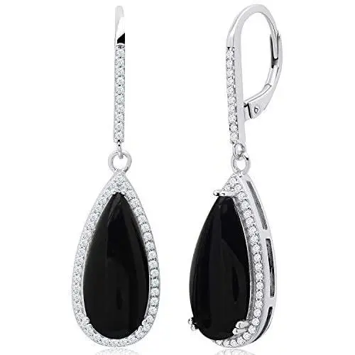 Pear Cut Gemstone and White Topaz Halo Dangle Leverback Earrings in Sterling Silver (18x8mm) Pear Cut Gemstone and White Topaz Halo Dangle Leverback Earrings in Sterling Silver (18x8mm)
