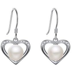 EleQueen 925 Sterling Silver CZ AAA Button Cream Freshwater Cultured Pearl Love Heart Bridal Jewelry Hook Earrings (8mm)