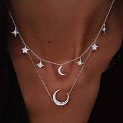 Anglacesmade Layered Star and Moon Chocker Necklace Rhinestone Celestial Necklace Bohemia Jewelry for Women and Girls(Silver)