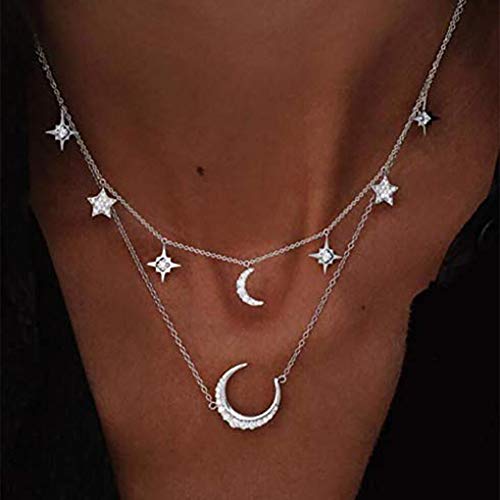 Anglacesmade Layered Star and Moon Chocker Necklace Rhinestone Celestial Necklace Bohemia Jewelry for Women and Girls(Silver)