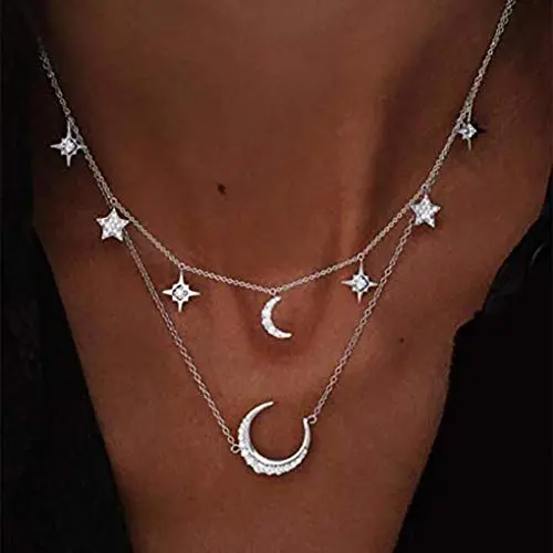 Anglacesmade Layered Star and Moon Chocker Necklace Rhinestone Celestial Necklace Bohemia Jewelry for Women and Girls(Silver) Anglacesmade Layered Star and Moon Chocker Necklace Rhinestone Celestial Necklace Bohemia Jewelry for Women and Girls(Silver)