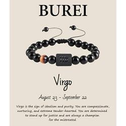 BUREI 12 Zodiac Constellation Bead Bracelet for Men Women, 8mm 10mm Natural Black Onyx Stone Horoscope Bracelet Gifts