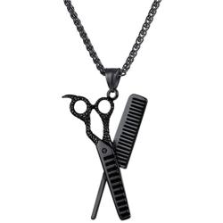 U7 Antique Style Scissors Necklace Hairdresser Gift Jewelry Stainless Steel Scissors Comb Charm Pendant, Chain 22''