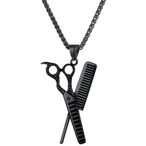 U7 Antique Style Scissors Necklace Hairdresser Gift Jewelry Stainless Steel Scissors Comb Charm Pendant, Chain 22''