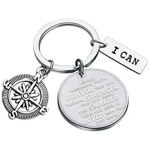 Inspirational Keychain You are Braver Stronger Smarter Than You Think Compass Keychain Graduation Gift Family Friend Students Kids Gifts