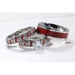 ringheart 2 Rings Couple Rings White Gold Filled Heart Cut Cz Red Rhinestone Womens Wedding Ring Sets Stainless Steel Man Ring Band