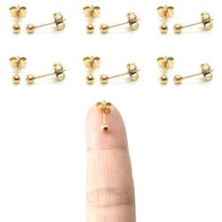 6 Pairs 14K Gold Plated 316L Surgical Steel Cartilage Piercing Tiny Stud Earrings 20G, Style Ball - Pearl - Cubic Zirconia - Disc, Color Gold - Silver - Rose Gold - Black, Diameter 1mm to 3mm…