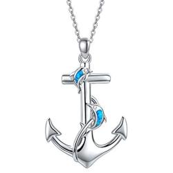 CUOKA MIRACLE Anchor Necklace with Blue Opal Dolphin Pendant Navy Sailor Dolphin Necklace Nautical Jewelry Anchor Jewelry for Women Birthday Best Friend