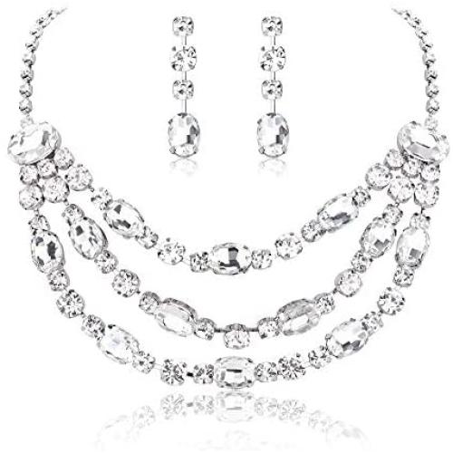 Udalyn Rhinestone Bridal Jewelry Set for Women Crystal Necklace and Dangle Earrings Jewelry Set Gifts fit with Wedding Dress