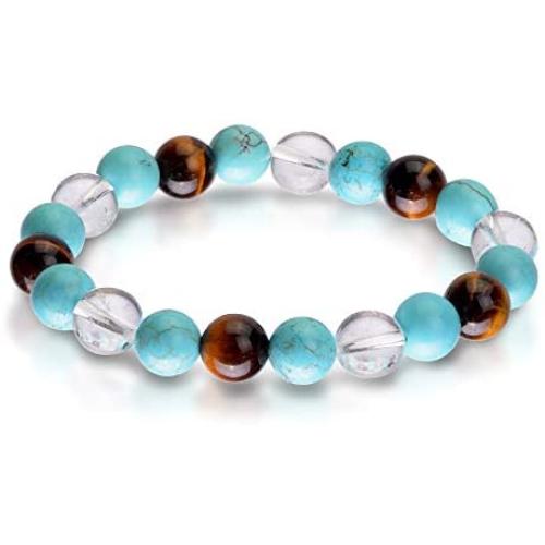 Triple Stone Ultimate Student Bracelet – Studying, Mental Focus and Memory – Turquoise – Crystal Quartz – Tiger Eye – Bracelet for Student – Focus Bracelet - Gemstone Beaded Stretch Bracelet (10mm)