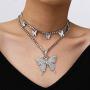 Fashion Layered Butterfly Pendant Micro Shiny Zircon Rhinestone Charm Tennis Chain Choker Necklace Punk Hip Hop Jewelry Gift for Men Women