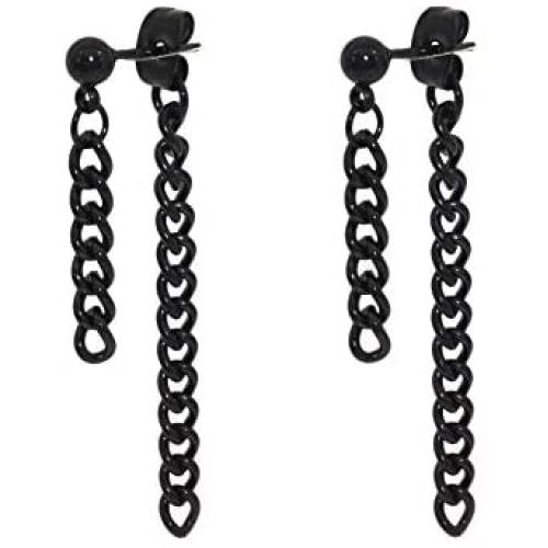 JSEA Stainless Steel Double Tassel Curb Chain Long Dangle Earrings Hypoallergenic Black Silver Gold Earring