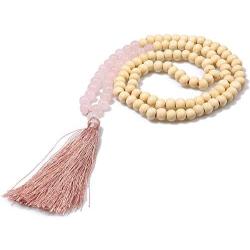 BALIBALI 8MM Semi-Precious Gem Stones Wood Mala Bead Necklace Multicolor Tassel Charms Chain Necklace Handmade Beaded Pendant Necklace for Women Men