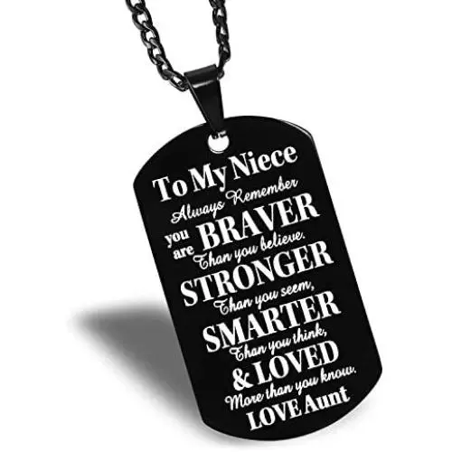 Niece Gifts from Aunt & Uncle Niece Black Dog Tag Necklace - To Our Niece, Always Remember You’re BRAVER than You Believe. Niece Gifts from Aunt & Uncle Niece Black Dog Tag Necklace - To Our Niece, Always Remember You’re BRAVER than You Believe.