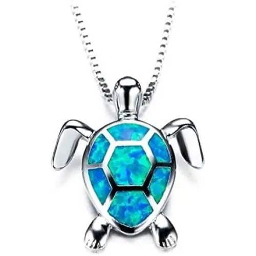 NC Turtle Pendant Statement Necklace,Lovely Animals White Created Fire Opal Silver Chain Necklace Jewellery Gifts