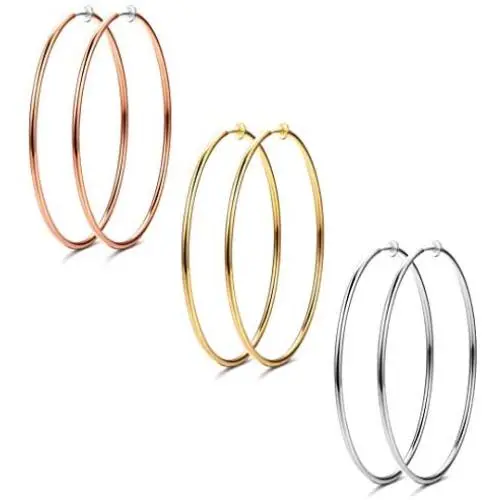 Udalyn 3 Pairs Stainless Big Hoop Earrings Set Clip On Hoop Earrings For Women Large Non Pierced Earring Jewelry 40/50/60mm