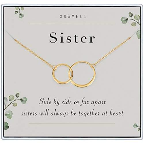 Suavell Sister Necklace. 18K Gold Plated Double Circle Necklace for Women. Sister Gifts from Sister, Galentines Day Gifts, Big Sister Gift or BFF Soul Sister! Interlocking Circle Necklace Jewelry