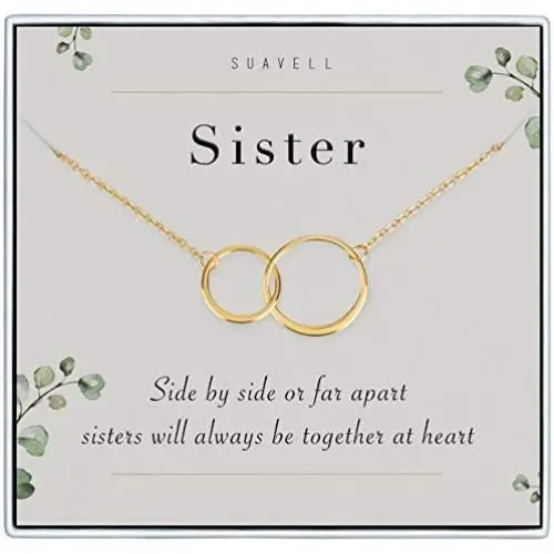 Suavell Sister Necklace. 18K Gold Plated Double Circle Necklace for Women. Sister Gifts from Sister, Galentines Day Gifts, Big Sister Gift or BFF Soul Sister! Interlocking Circle Necklace Jewelry