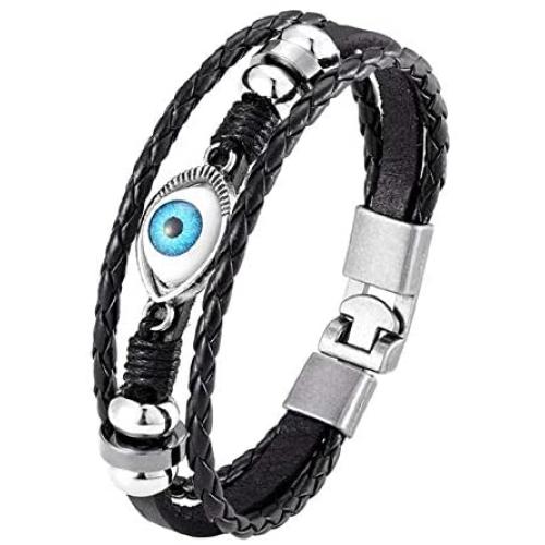 Turkish Evil Eye Leather Bracelet Hand Braid Adjustable Wristband Layer Wrap Woven Bangle for Men Women Punk Jewelry