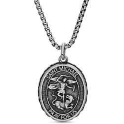 Steve Madden Oxidized Stainless Steel Saint Michael Coin Necklace for Men 26 Inch Box Chain