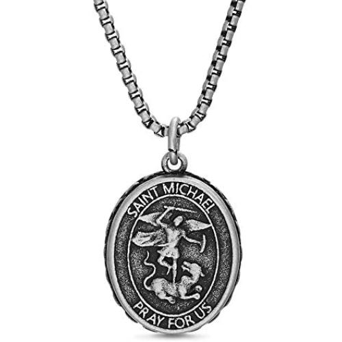 Steve Madden Oxidized Stainless Steel Saint Michael Coin Necklace for Men 26 Inch Box Chain