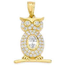 10k Real Solid Gold Owl Pendant Set with Cubic Zirconia Stones, Graduation Gift Charm for Knowledge and Good Luck