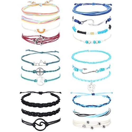 LOYALLOOK 20PCS Beach Wrap Vsco Bracelets Ocean Wave Strand Bracelets Waterproof Handmade Friendship Bracelets Braided Rope Bohemian Anklet Bracelet Adjustable