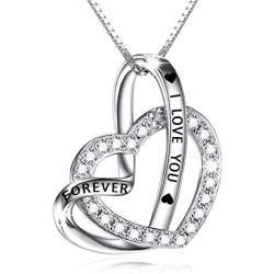 Cuoka Sterling Silver Double Heart Necklace Engraved I Love You Forever Pendant Gift for Her CZ Jewelry I Love You Mom Necklace