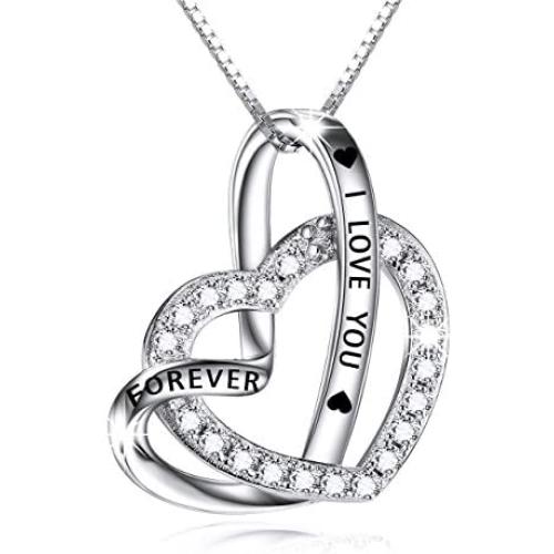 Cuoka Sterling Silver Double Heart Necklace Engraved I Love You Forever Pendant Gift for Her CZ Jewelry I Love You Mom Necklace