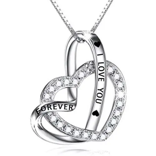 Cuoka Sterling Silver Double Heart Necklace Engraved I Love You Forever Pendant Gift for Her CZ Jewelry I Love You Mom Necklace